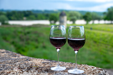Glasses of french dry red wine in old wine domain on Graves vineyards in Portets village and old castle on background, Bordeaux, France