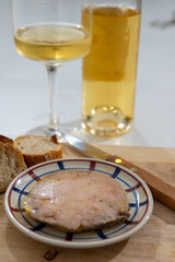 Foie gras fat liver specialty food product made of liver of a duck or goose fattened by force feeding, served in French restaurant in Perigoed, Dordogne, close up