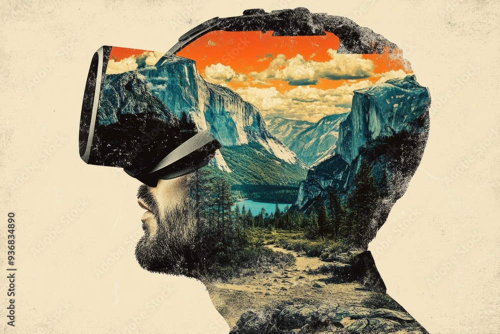 Poster creative double exposure of a man in a vr headset with a mountain and ocean overlay symbolizing the 