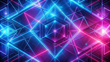 Vibrant neon pink and blue geometric shapes intersect and overlap, casting a futuristic glow against a dark abstract background with subtle gradient effects.