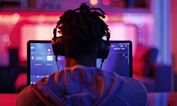 Music producer working on a digital audio workstation in a home studio
