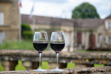 Glasses of french dry red wine in old wine domain on Graves vineyards in Portets village and old castle on background, Bordeaux, France