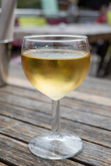 Tasting of Bordeaux white wine in Sauternes, left bank of Gironde Estuary, France. Glasses of white...