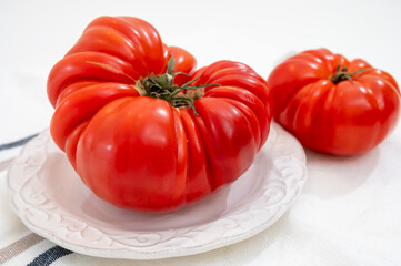 Sweet tasty ripe red french tomatoes from Brittany, France, salad seasonal vegetables