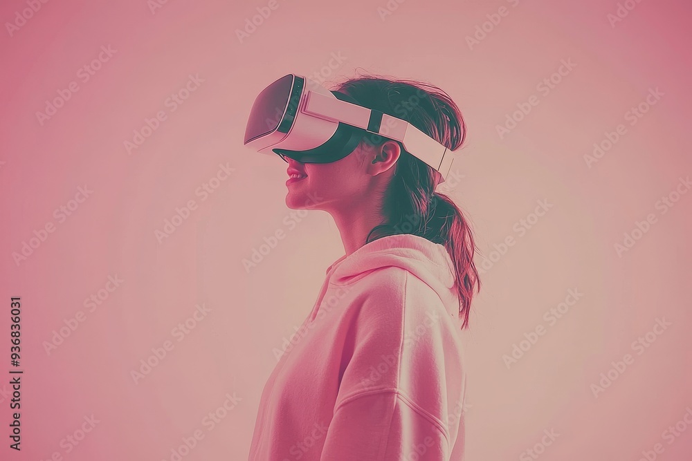Poster minimalist side profile of a woman in a vr headset set against a soft pink background symbolizing th