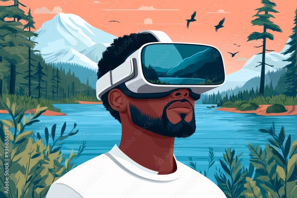 Poster stylized vector of a man in a vr headset standing by a peaceful lake with mountains in the backgroun