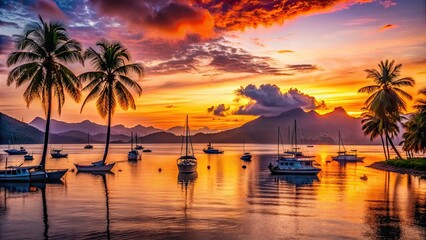 Vibrant orange and pink hues illuminate the sky as palm trees, boats, and mountain ranges cast striking silhouettes against a serene coastal sunset backdrop.