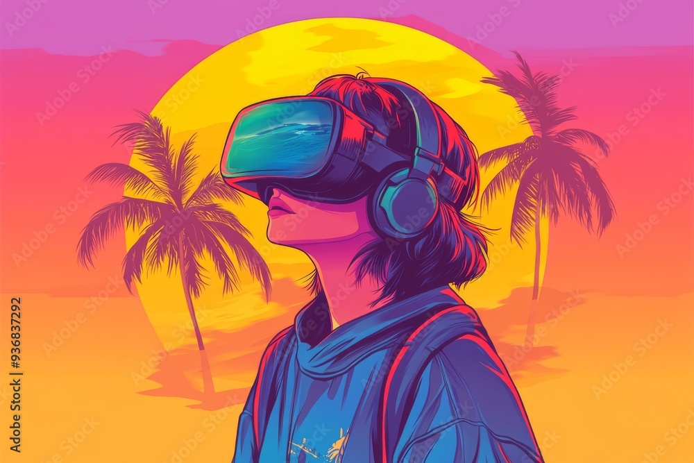 Poster stylized vector of a man in a vr headset set against a colorful sunset with palm trees symbolizing t