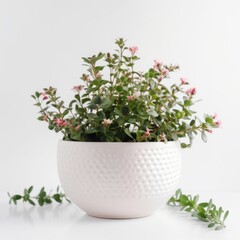 Elegant White Ceramic Pot with Green and Pink Flowering Plant on Minimalist Background.