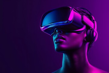 Stylized vector of a man in a VR headset bathed in vibrant purple and pink lighting representing the futuristic and dynamic experience of digital reality