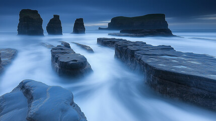 Obraz premium Sea Stacks at Dawn: A dramatic seascape with towering rock formations rising from the mist-shrouded ocean at dawn, capturing the ethereal beauty of nature's grandeur 