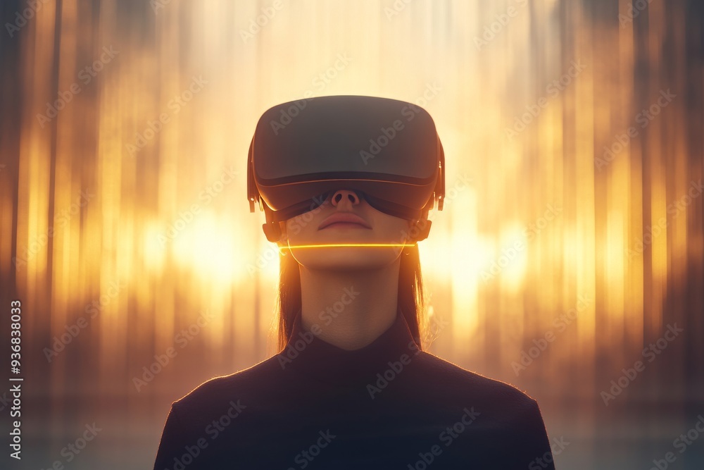 Poster minimalist portrait of a man in a vr headset illuminated by soft golden light representing the conte