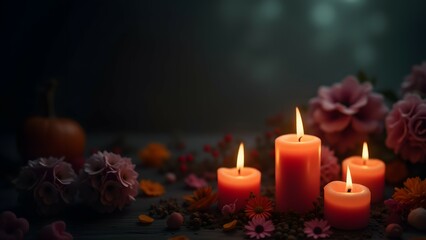 Four glowing candles surrounded by soft pink flowers and autumn leaves, creating a peaceful, warm ambiance