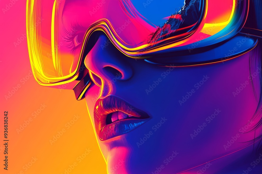Poster creative close up of a woman in a vr headset with vibrant colors and abstract patterns symbolizing t