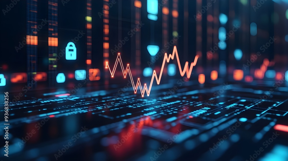 Poster digital data flow with fluctuating stock graph