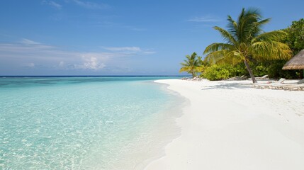 A beautiful beach with a clear blue ocean and palm trees