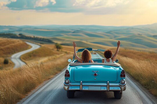 Fototapeta Two cheerful women enjoying a scenic drive in a classic turquoise convertible amidst rolling hills during golden hour.