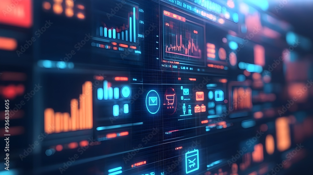 Poster digital interface with data and icons