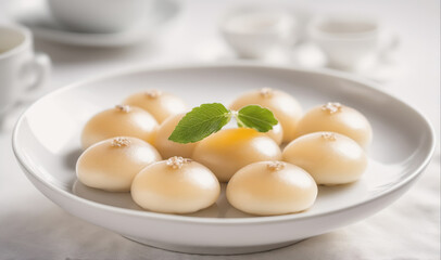 A plate of sweet dumplings sits on a white tablecloth