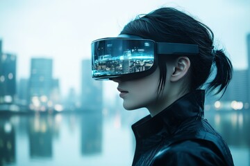 Young woman in a futuristic cityscape wearing a sleek VR headset deeply focused on a virtual experience while the urban skyline reflects in her high tech goggles during dusk