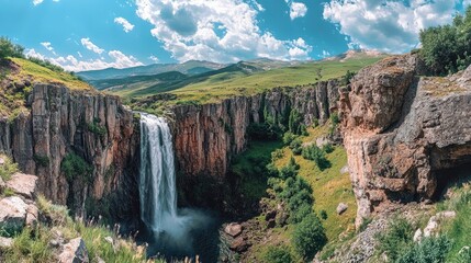 Panoramic image of Tortum (Uzundere) waterfall from down in Uzundere. Landscape view of Tortum Waterfall in Tortum,Erzurum,Turkey. Explore the world's beauty and wildlife , ai