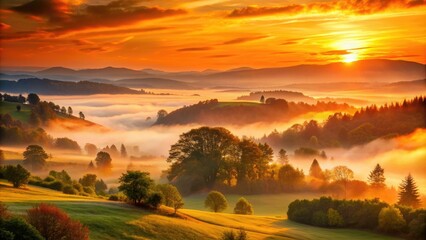 Obraz premium Vibrant orange hues illuminate a serene natural background featuring a misty sunrise over a tranquil landscape with trees and rolling hills.