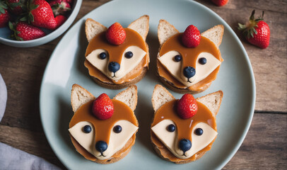 Fototapeta premium Four fox-shaped sandwiches are arranged on a blue plate, each topped with a strawberry and blueberries for eyes