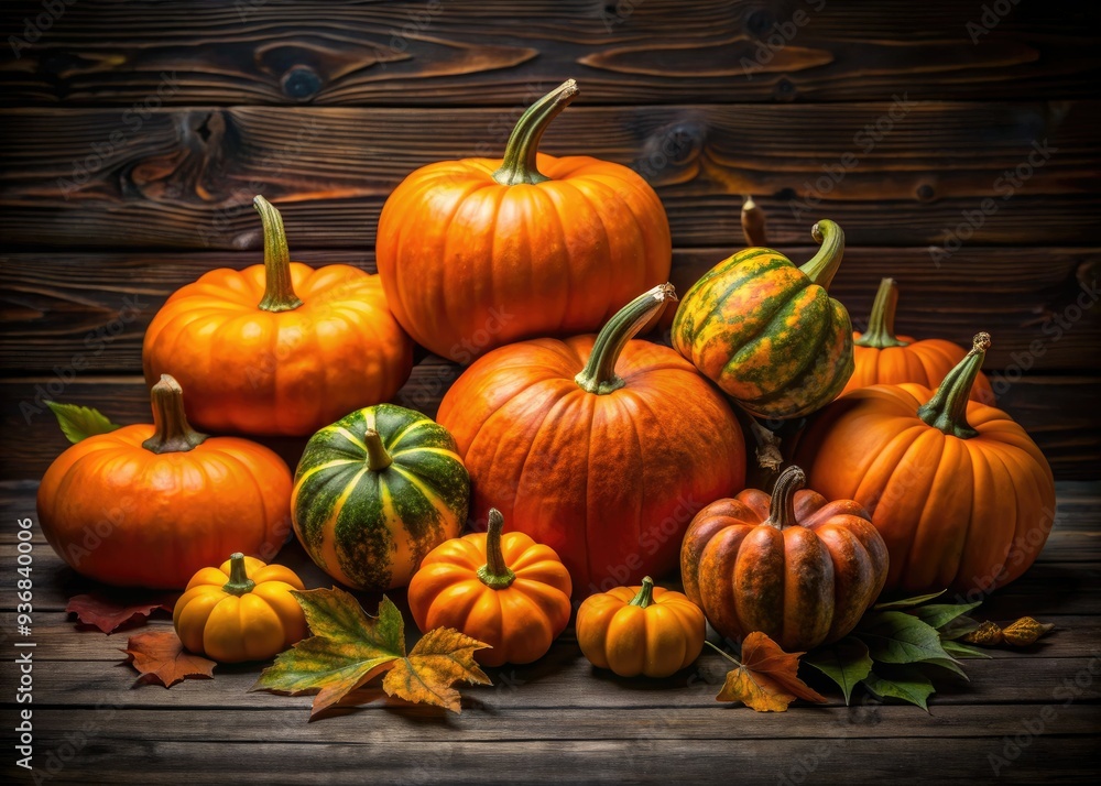 Wall mural Vibrant orange pumpkins and gourds arranged artfully on a rustic dark wooden background, evoking cozy autumnal ambiance and perfect for fall and Thanksgiving themes.