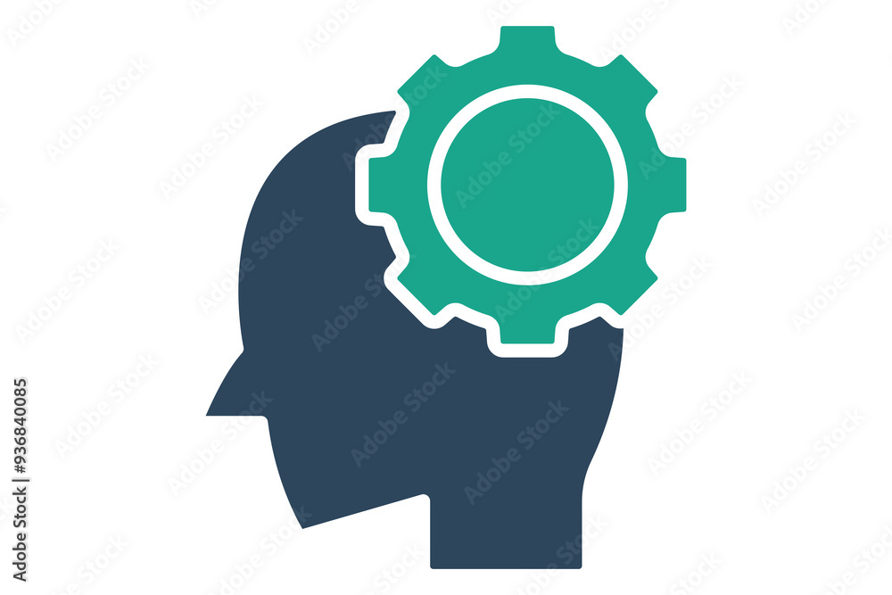Poster capability icon. solid icon style. head with gear. icon related to efficiency. productivity elements