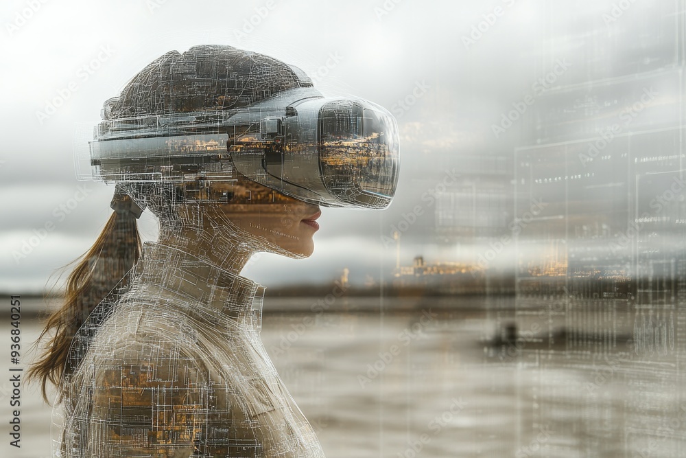 Poster woman in a blurred urban setting using a vr headset to navigate a futuristic digital world that merg