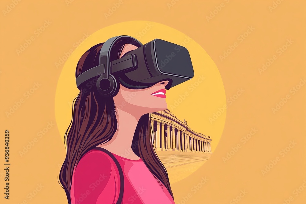 Aufkleber young woman in a minimalist setting wearing a vr headset and exploring digital world filled with vib