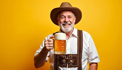 Old Man in bavarian clothes holding beer mug oktoberfest yellow background
