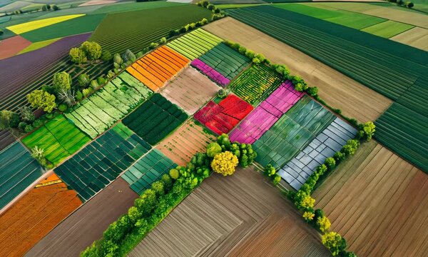 Aerial view of colorful agricultural fields from a drone perspective