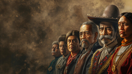 Historical Figures: Portraits of influential Hispanic figures in history, Hispanic Heritage Month, with copy space