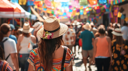 Obraz premium Community Festival: A bustling street festival celebrating Hispanic culture, Hispanic Heritage Month, with copy space