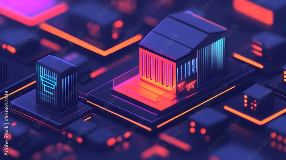 Poster neon abstract building structure 3d render
