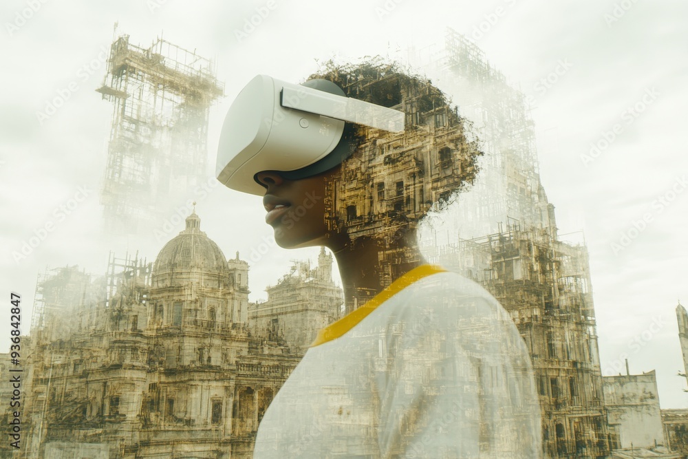 Aufkleber a woman merges with a towering structure through her vr headset blending architecture and technology