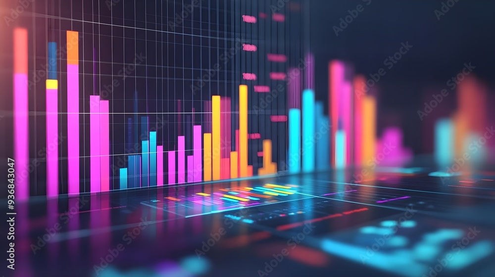 Poster neon bar chart data visualization futuristic technology