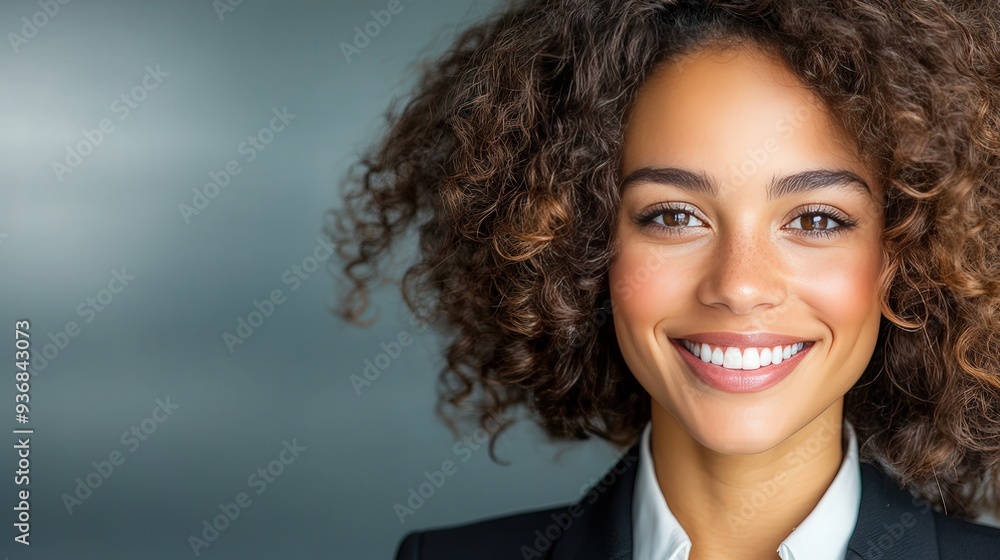 Poster happy african american business woman, copy space