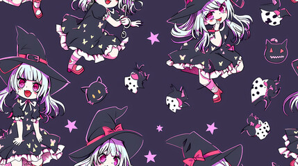 Seamless Halloween Witch Tile Pattern in Anime Manga Style