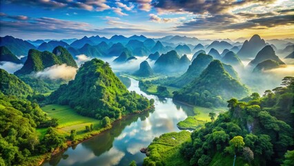 Naklejka premium Vibrant outline of Vietnam's shape formed by lush greenery, misty mountains, and meandering rivers, set against a bright blue background with subtle texture.