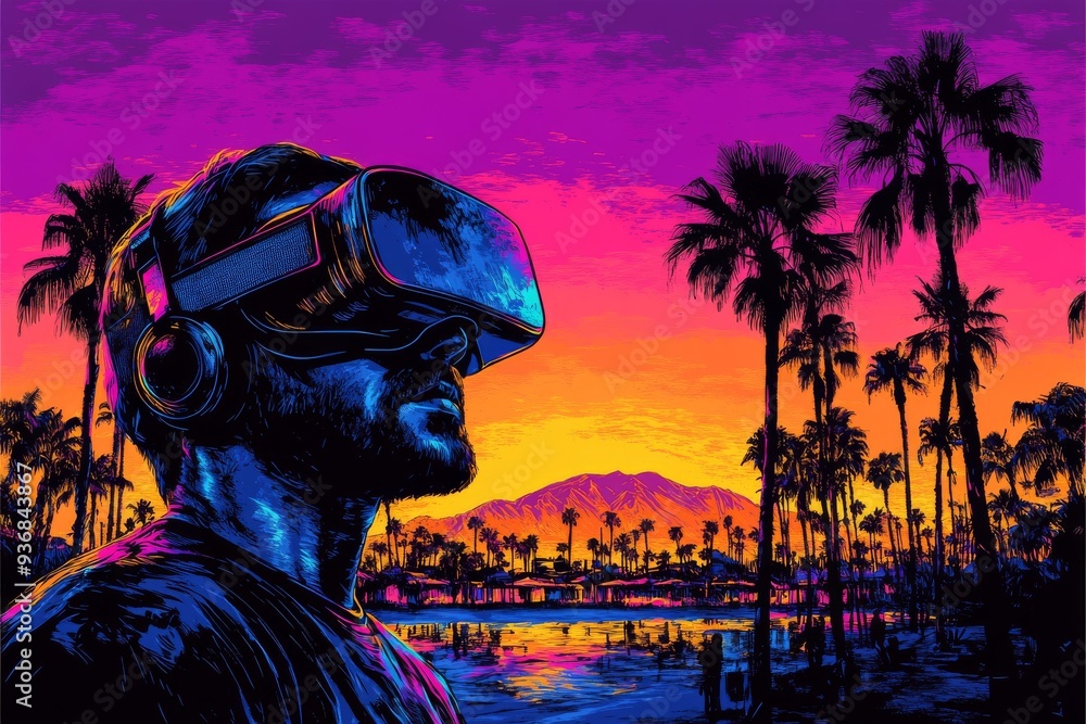 Sticker A woman wearing a VR headset navigates a lush tropical environment her digital world filled with vibrant colors and organic shapes that mimic the surrounding natural beauty