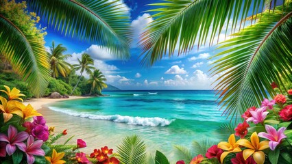 Vibrant palm fronds, exotic flowers, and turquoise ocean waves create a serene and idyllic tropical paradise, perfect for relaxation and summer getaways.