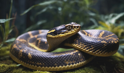 A black and yellow snake rests coiled on the ground in a jungle setting