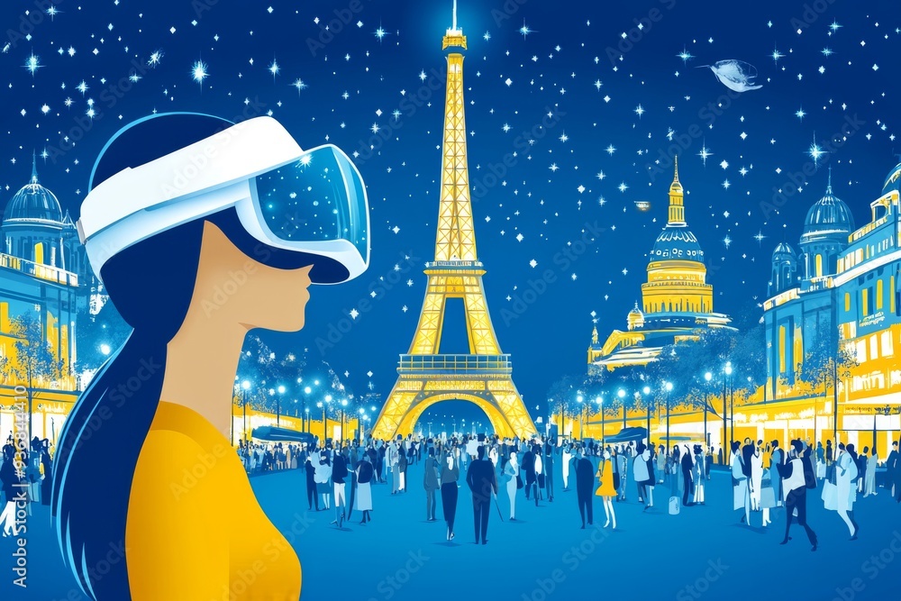 Aufkleber a woman with a vr headset stands before the illuminated eiffel tower at night experiencing a blend o