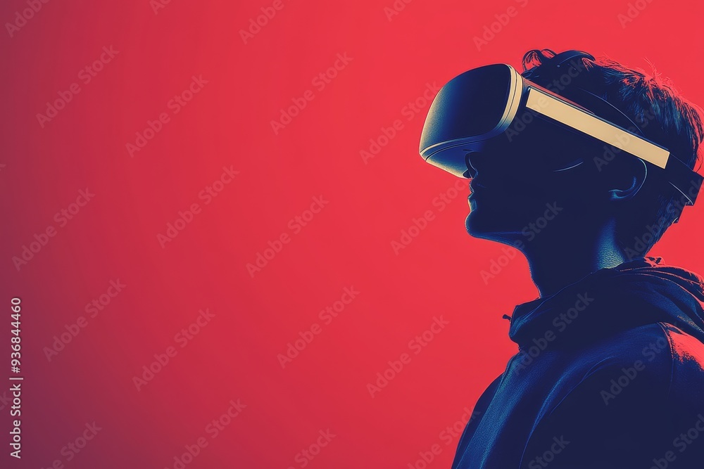 Aufkleber a man in a vr headset against a red and blue background explores a digital world where the vibrant c