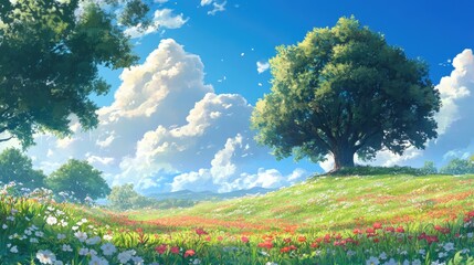 Fototapeta premium A lush green field of wildflowers with a large tree in the foreground and a blue sky with fluffy clouds above.