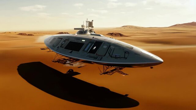 Alien spacecraft explores vast desert landscape at sunset with futuristic technology