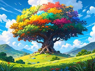 Vibrant Tree in a Sunny Meadow