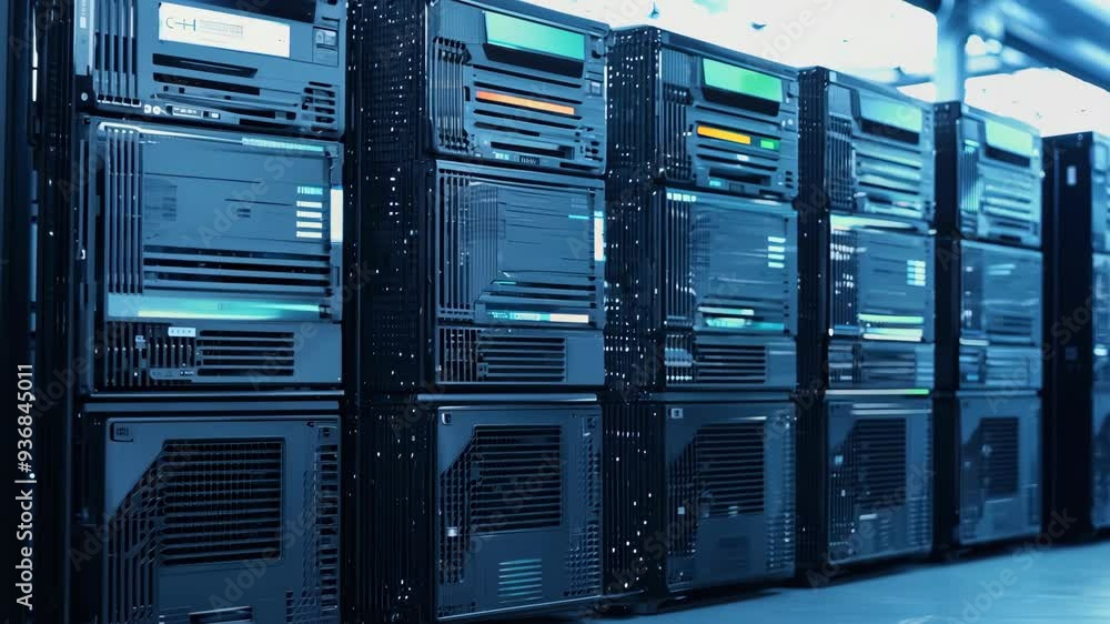 Poster closeup view of multiple high-performance servers in a data center during a technology showcase